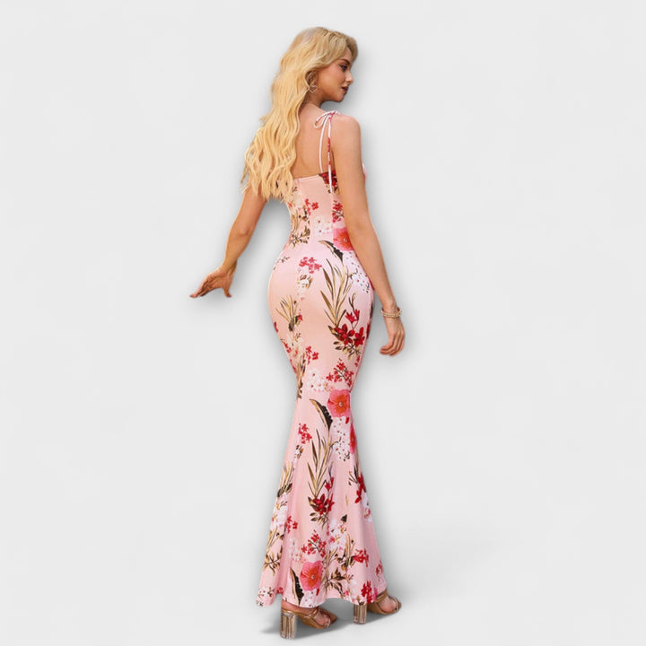 Floral Print Prom Dress with Tied Shoulder Straps