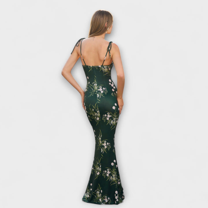 Floral Print Prom Dress with Tied Shoulder Straps