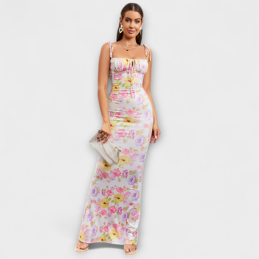 Floral Print Prom Dress with Tied Shoulder Straps
