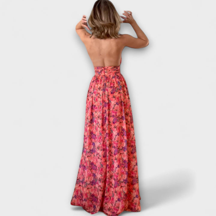 Backless Maxi Dress with Floral Pattern