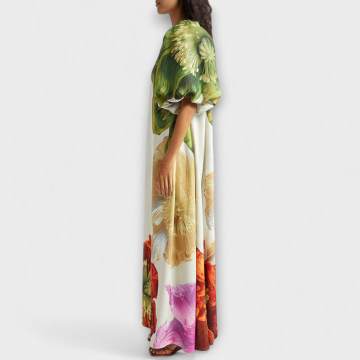 Maxi Dress with Floral Print, Asymmetrical Neckline, and Puff Sleeves