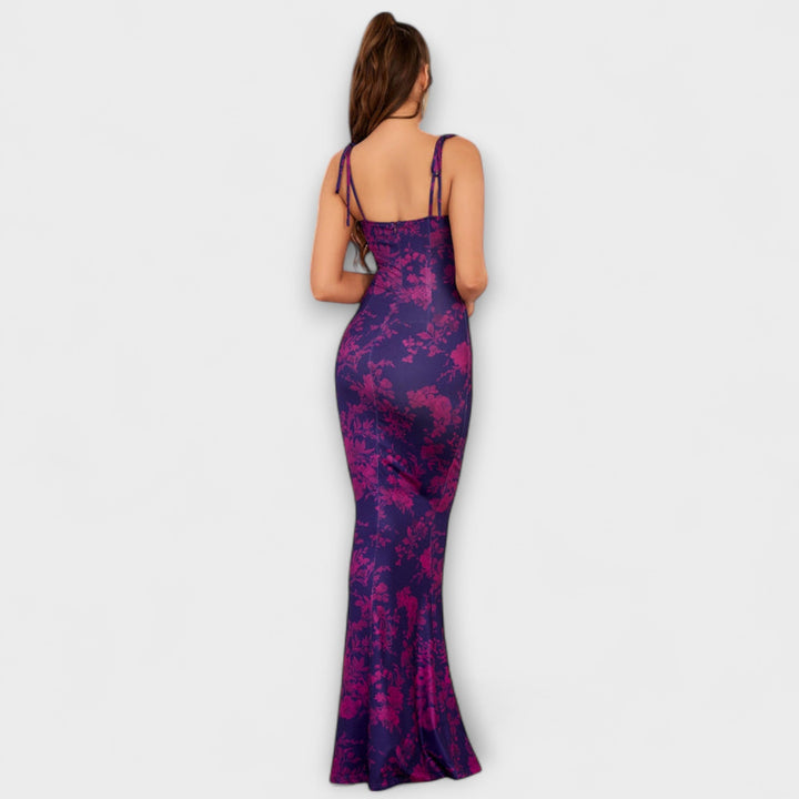 Floral Print Prom Dress with Tied Shoulder Straps