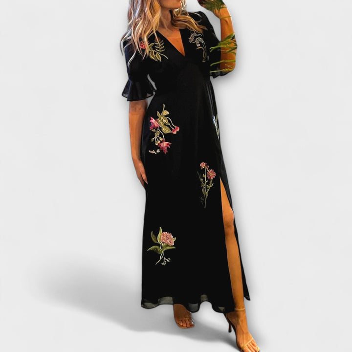 Elegant Navy Blue Dress with Floral Embroidery