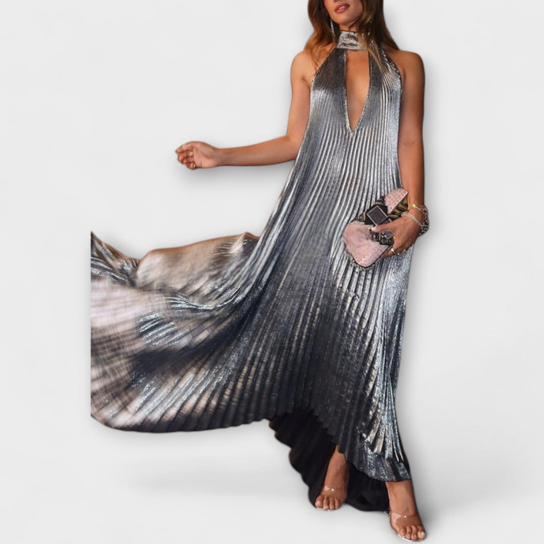 Metallic Pleated A-Line Maxi Dress