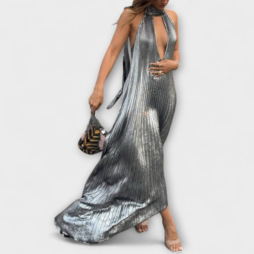 Metallic Pleated A-Line Maxi Dress