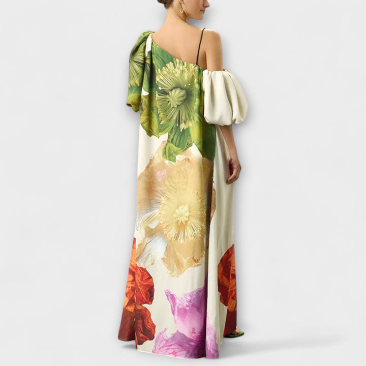 Maxi Dress with Floral Print, Asymmetrical Neckline, and Puff Sleeves
