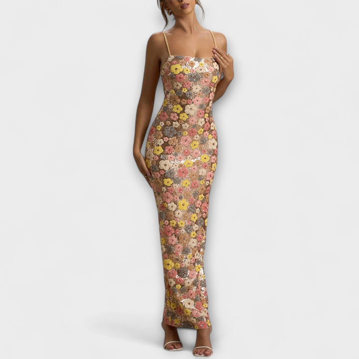 Maxi Dress with Floral Sequins in 80s Style