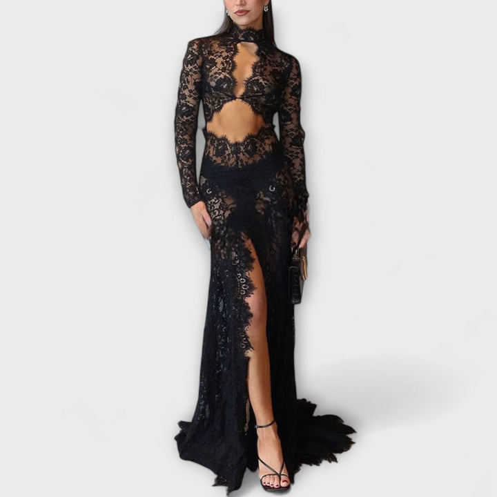 Midnight Elegance Transparent Cutout Long Sleeve Stretch Maxi Dress