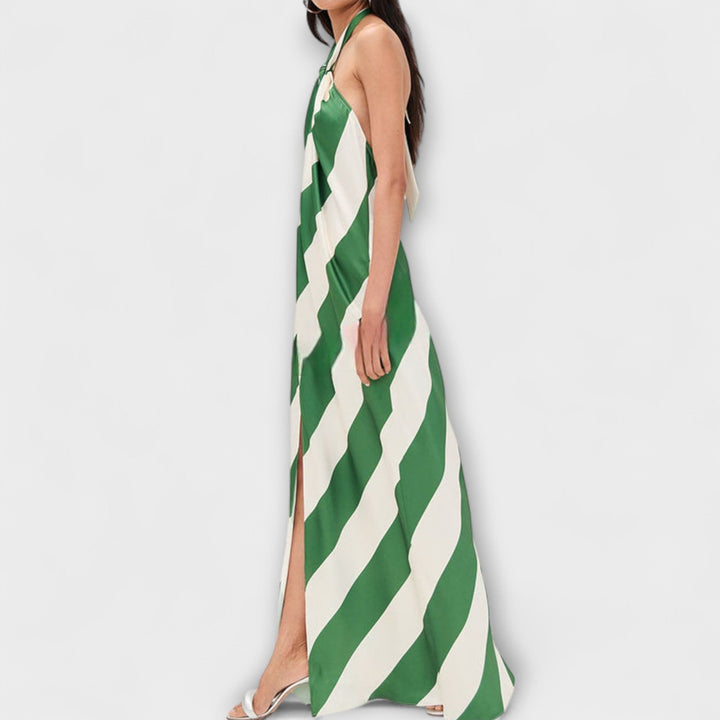 Striped Pattern Halter Backless Maxi Dress