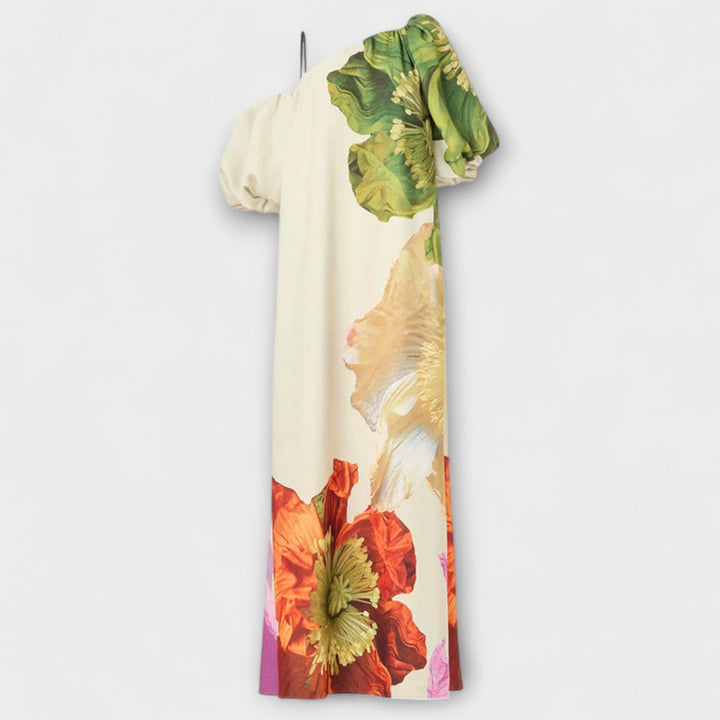 Maxi Dress with Floral Print, Asymmetrical Neckline, and Puff Sleeves