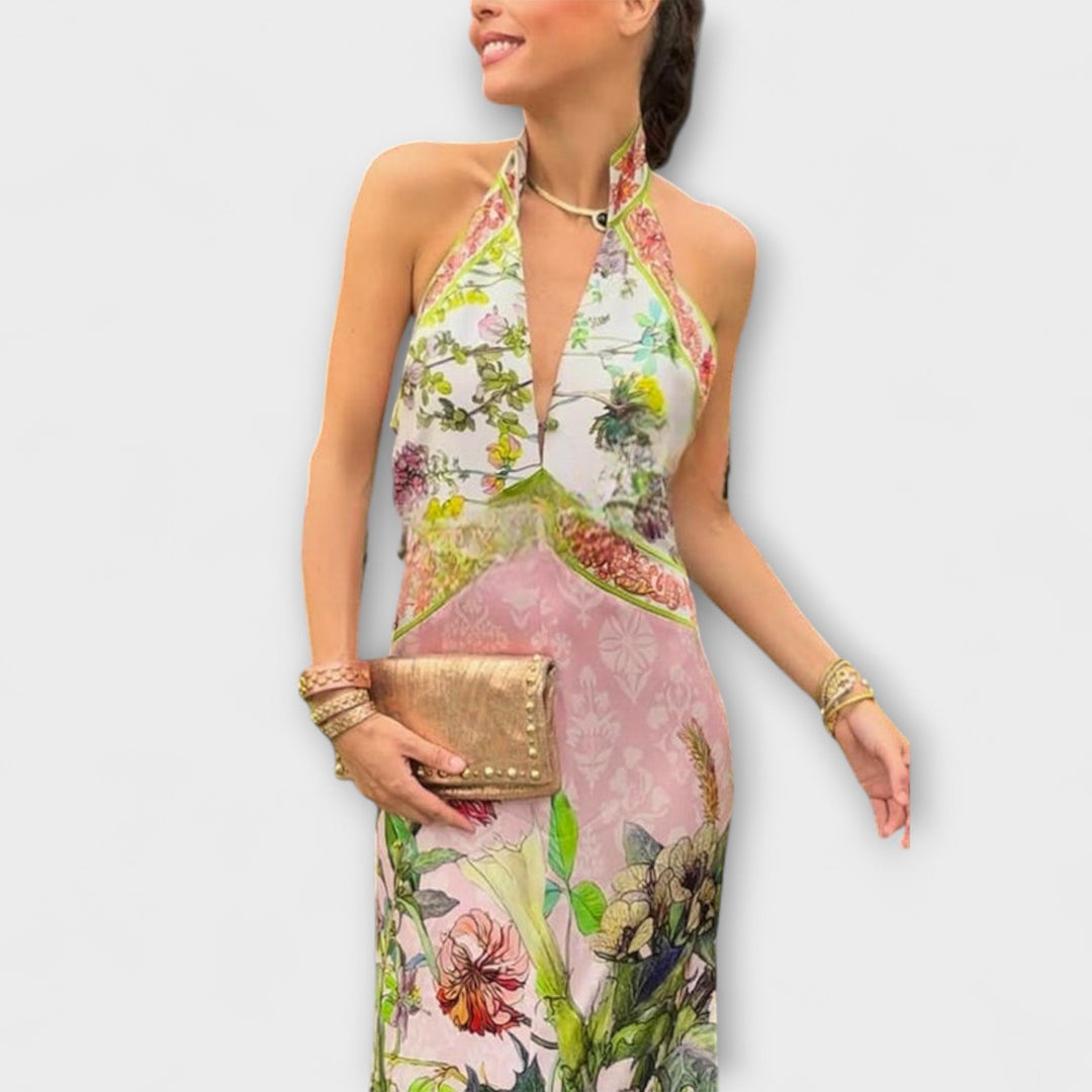 Floral Pattern Sleeveless Open Back Maxi Dress