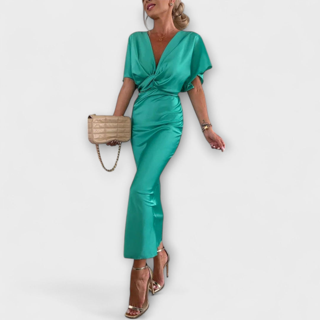 Šaty Maxi s úzkým střihem, saténové, s křížovým uzlem a výstřihem do V