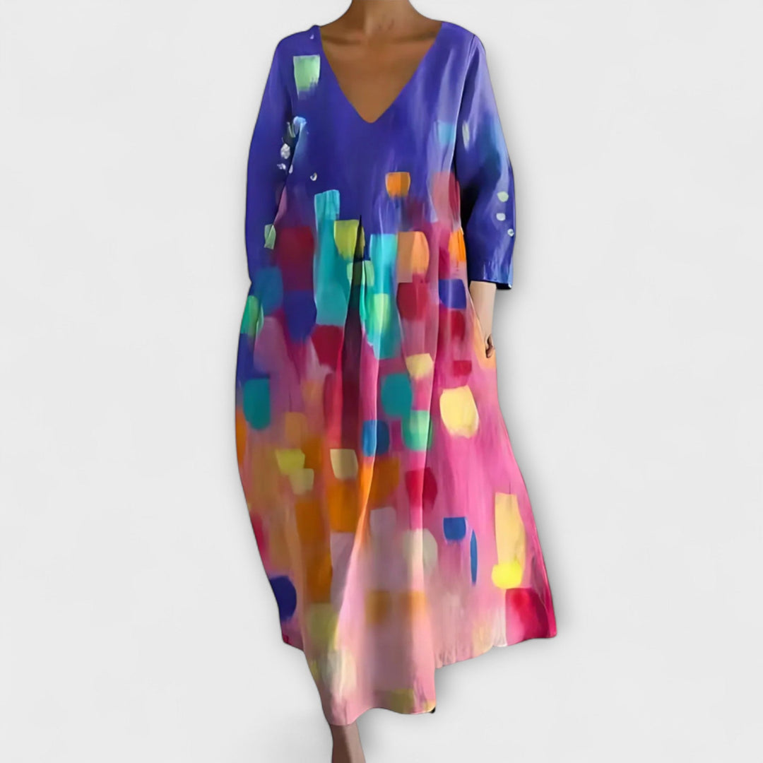 Long, Colorful Dress with V-Neck