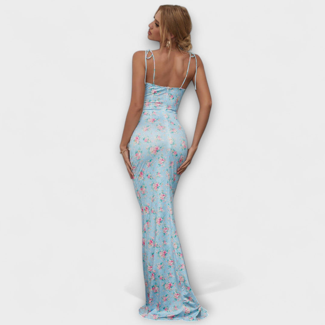 Floral Print Prom Dress with Tied Shoulder Straps