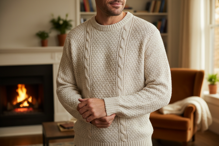 man close up with a sweater standing in lviing room close up