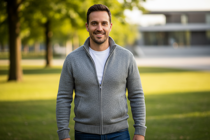 men wearing jacket outside show the whole face 