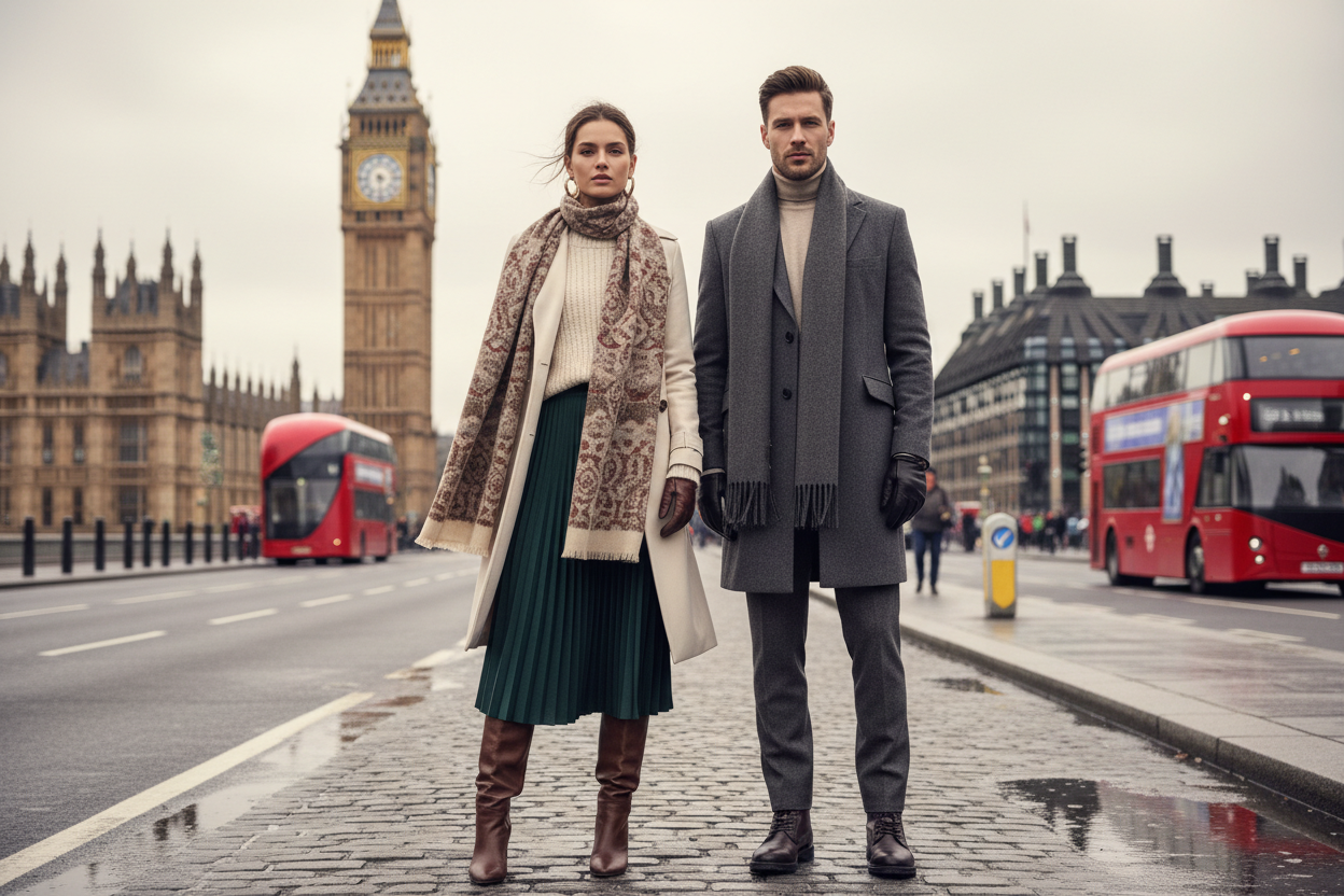 Men women fashion looking in the camera outside. London vibe. Cold weather. Showcase thats a fashion brand.