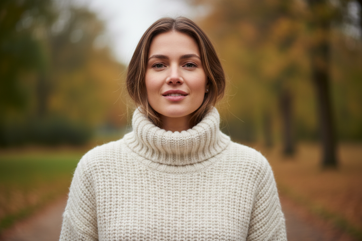 Woman wearing sweater outside close up looking into the camera